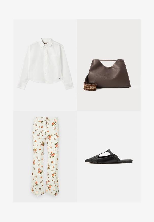 Valge lühikesed varrukad puuvillane särk. Omab nööbiga esist, rinna taskut ning väikest musta logo all vasakul.; Kergedest kangast lillemustriga püksid, millel on kreemjas valge alus ja roosa ning oranži roosi muster, sirge säärega disain ja kaks tagumist taskut.; Must kuulsad nahast kandadega kingad, millel on terav nina, koos kootud detaili ja volditud ülaosaga. Lame tald minimaalse riistvaraga.; Pruun nahkne käekott tekstureeritud viimistlusega, nurkadega disain ja silmapaistev ülemine sang. Omab mustriga kootud rihma detaili.