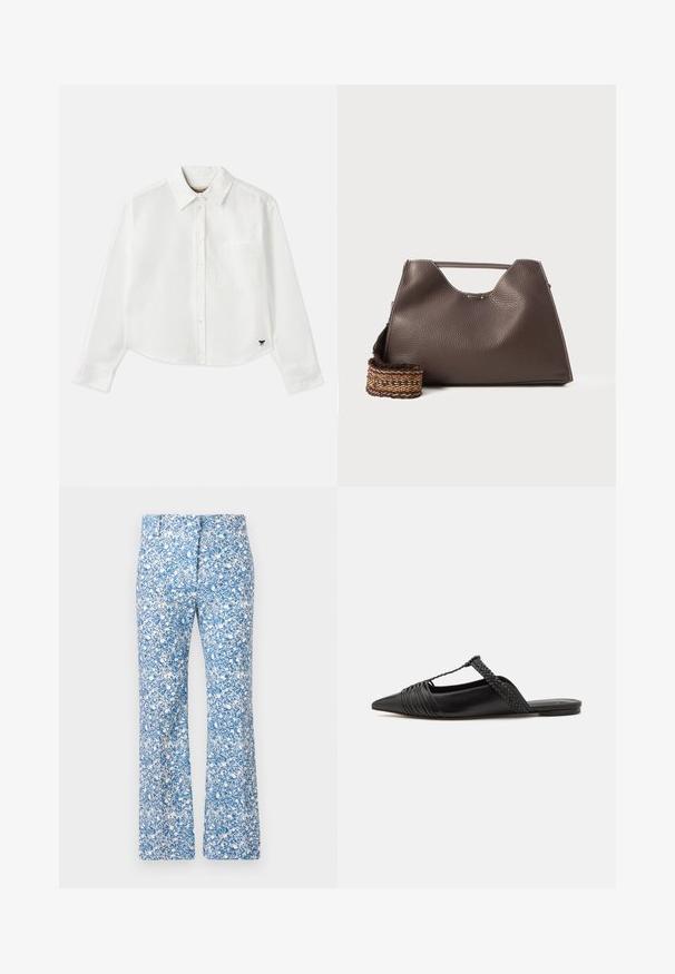 White cropped long-sleeve shirt made of cotton. Features a button-up front, a chest pocket, and a small black logo on the bottom left.; Flared pants in blue and white floral pattern, featuring a smooth fabric, a zipper fly, and two front pockets.; Black leather slingback shoe with a pointed toe, featuring a woven accent and pleated upper design. Flat sole with minimal hardware.; Brown leather handbag with a textured finish, angular design, and a distinctive top handle. Features a patterned woven strap detail.