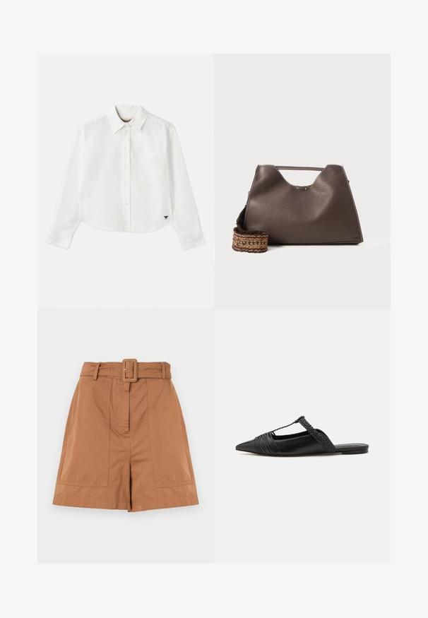 Baltas trumpas ilgos rankovės marškinėliai, pagaminti iš medvilnės. Turintys sagų priekį, krūtinės kišenę ir mažą juodą logotipą apačioje kairėje pusėje.; Rudos medvilnės šortai turi dirželį juosmenyje, priekinius raukšlių, ir dvi šonines kišenes, pasižymi lygiu paviršiumi ir pritaikytu dizainu.; Juodos odinės slingback bateliai su smailiu pirštu, turintys audinį akcentą ir raukšlėtą viršutinį dizainą. Lygus padas su minimaliais aksesuarais.; Ruda odinė rankinė su tekstūruotu paviršiumi, kampuota forma ir išskirtiniu viršutiniu rankena. Yra raštuota pintinė diržo detalė.