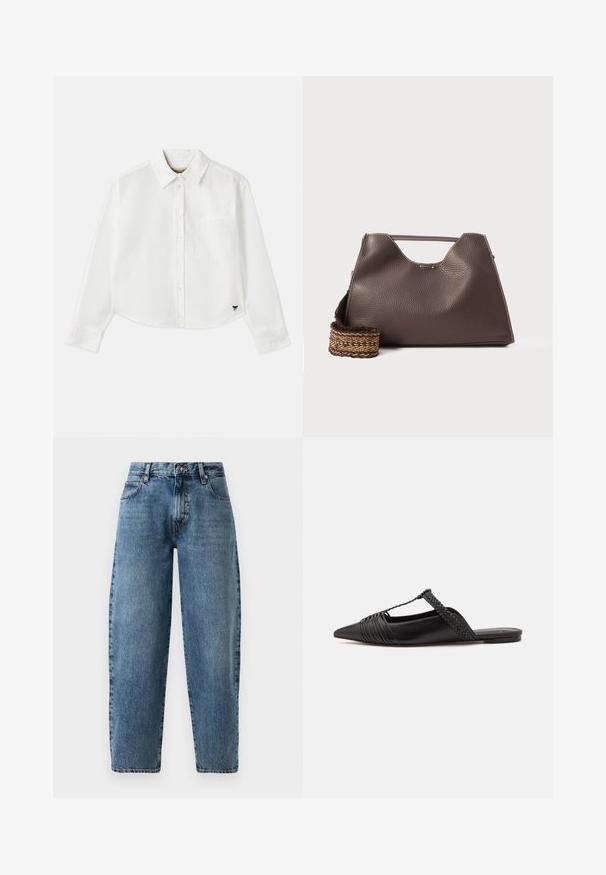 Biały, krótki, długi rękaw koszuli wykonanej z bawełny. Posiada zapięcie na guziki z przodu, kieszeń na piersi oraz małe czarne logo w lewym dolnym rogu.; Jasnoniebieskie dżinsy z prostymi nogawkami, wysokim stanem i minimalistycznymi przeszyciami. Klasyczny styl z pięcioma kieszeniami oraz metalowymi detalami.; Czarny skórzany but na odkrytej pięcie z pointed toe, ozdobiony plecionym akcentem i plisowanym wzorem górnej części. Płaska podeszwa z minimalnymi elementami.; Brązowa skórzana torebka niezbyt miękka w dotyku, o kanciastym kształcie i charakterystycznym górnym uchwycie. Posiada wzorzystą wplecioną taśmę.