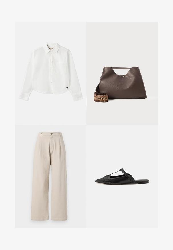 Balta, īsa garuma piedurkņu krekls, kas izgatavots no kokvilnas. Tam ir pogājama priekšpuse, krūšu kabata un mazs melns logo apakšējā kreisajā stūrī.; Bežīgas platas kāju bikses ar augstu jostu, priekšējo krokām, vienu pogu aizdari un gludu auduma tekstūru.; Melnas ādas slingback kurpes ar norādītu purngali, kurām ir austoša akcenta un krokota augšdaļa. Plakana zole ar minimālu aparatūru.; Brūna ādas rokassoma ar strukturētu apdari, leņķīgu dizainu un izteiksmīgu augšējo rokturi. Iespējamā rakstaina austā siksna.