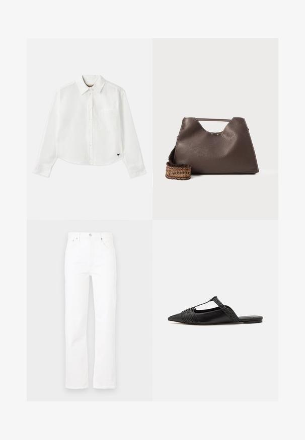 Baltas trumpas ilgos rankovės marškinėliai, pagaminti iš medvilnės. Turintys sagų priekį, krūtinės kišenę ir mažą juodą logotipą apačioje kairėje pusėje.; Balti džinsai su tiesiu kirpimu, penkiomis kišenėmis ir sagos uždarymu. Lygus paviršius ir švarus dizainas, tinkantis kasdieniam dėvėjimui.; Juodos odinės slingback bateliai su smailiu pirštu, turintys audinį akcentą ir raukšlėtą viršutinį dizainą. Lygus padas su minimaliais aksesuarais.; Ruda odinė rankinė su tekstūruotu paviršiumi, kampuota forma ir išskirtiniu viršutiniu rankena. Yra raštuota pintinė diržo detalė.