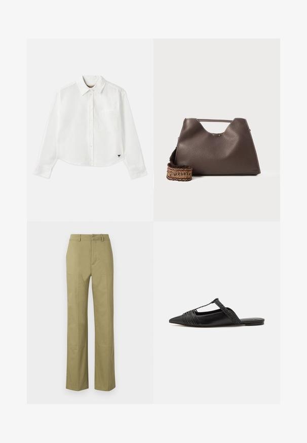 White cropped long-sleeve shirt made of cotton. Features a button-up front, a chest pocket, and a small black logo on the bottom left.; Khaki trousers made of cotton blend, featuring a straight leg design, visible seams, and pockets on the front sides.; Black leather slingback shoe with a pointed toe, featuring a woven accent and pleated upper design. Flat sole with minimal hardware.; Brown leather handbag with a textured finish, angular design, and a distinctive top handle. Features a patterned woven strap detail.