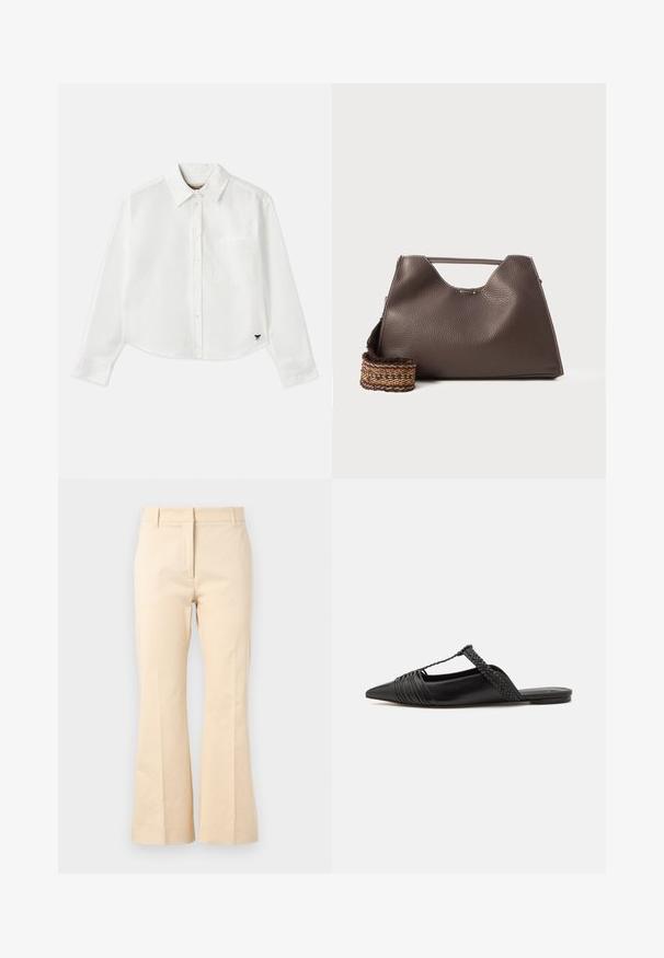 Bela skrajšana srajca z dolgimi rokavi iz bombaža. Ima sprednje gumbke, žep na prsih in majhen črn logo na spodnjem levem delu.; Bež široke hlače iz bombaža. Imajo gladko teksturo, ravno pasnico in sprednji pregib za urejen videz.; Črne usnjene sandale s priponko, koničastim nosom in tkano dekoracijo ter gubanjem na zgornjem delu. Ravna podplata z minimalno opremo.; Rjava usnjena torba z teksturirano površino, angularno obliko in značilno zgornjo ročico. Vsebuje detajl z vzorčnim tkanim trakom.