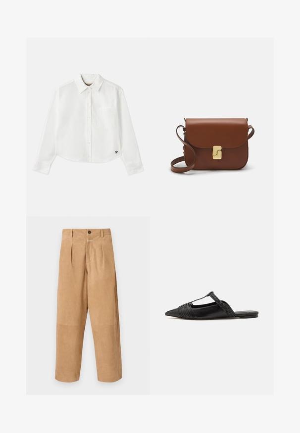 White cropped long-sleeve shirt made of cotton. Features a button-up front, a chest pocket, and a small black logo on the bottom left.; Beige, suede trousers with a relaxed fit, featuring front pleats, a button closure, and pockets on the sides. Smooth texture throughout.; Black leather slingback shoe with a pointed toe, featuring a woven accent and pleated upper design. Flat sole with minimal hardware.; Brown leather handbag with a flap closure, gold-tone hardware, a shoulder strap, and a smooth texture. Compact rectangular shape.