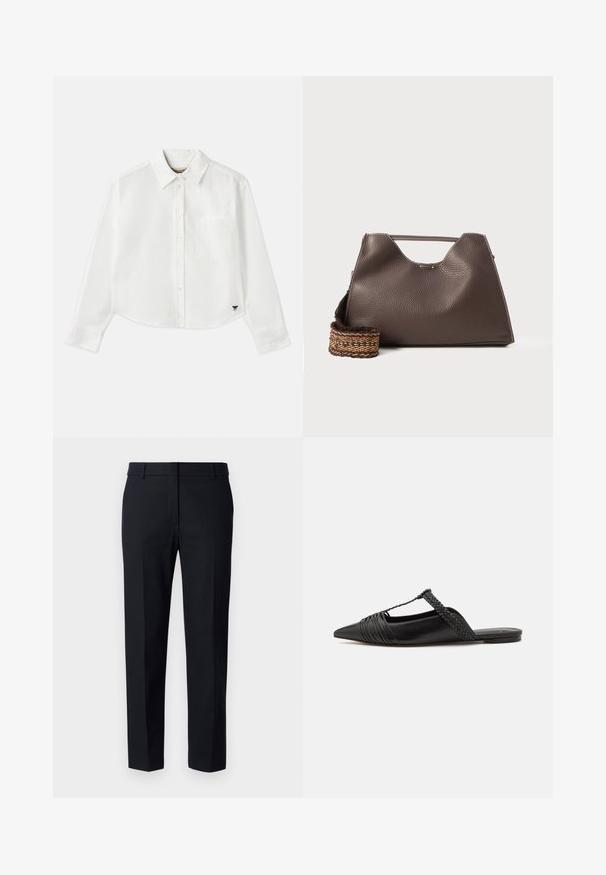 Camicia bianca a maniche lunghe e taglio corto in cotone. Presenta una chiusura con bottoni sul davanti, una tasca sul petto e un piccolo logo nero in basso a sinistra.; Pantaloni neri su misura realizzati in un tessuto liscio, con frontale piatto, vita standard e gambe dritte con pieghe stirate.; Scarpa slingback in pelle nera con punta appuntita, con un dettaglio intrecciato e un design superiore plissettato. Suola piatta con hardware minimale.; Borsa a mano in pelle marrone con finitura texturizzata, design angolare e un manico superiore distintivo. Presenta un dettaglio a tracolla intrecciato con motivo.