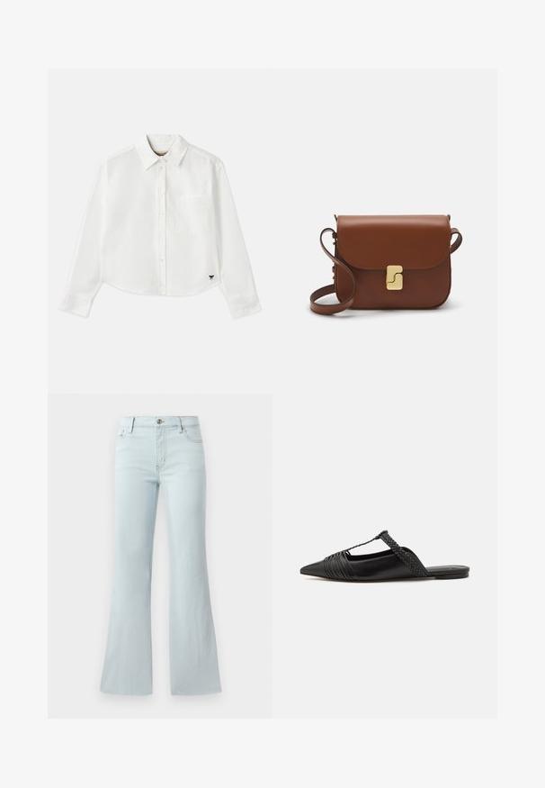 Weißes, kurzes Langarmhemd aus Baumwolle. Verfügt über eine durchgehende Knopfleiste, eine Brusttasche und ein kleines schwarzes Logo unten links.; Helle blaue, ausgestellte Jeans aus Denim. Verfügt über ein klassisches Fünf-Taschen-Design und einen Frontknopfverschluss. Glatte Textur über das gesamte Material.; Schwarzer Leder-Slingback-Schuh mit spitzem Zehenbereich, ausgestattet mit einem geflochtenen Akzent und einem gefalteten Oberdesign. Flache Sohle mit minimalem Zubehör.; Braune Ledertasche mit Klappenverschluss, Beschlägen in Goldfarbe, einem Schultergurt und einer glatten Oberfläche. Kompakte rechteckige Form.