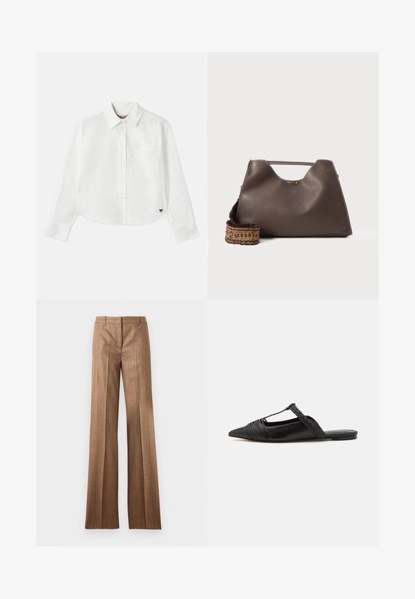 Fehér, rövidített hosszú ujjú, pamut ing. Gombos elülső résszel, mellzsebbel és egy kis fekete logóval a bal alsó részen.; Barna kockás, egyenes szabású nadrág övpántokkal és elülső hajtással világosszürke háttérrel.; Fekete bőr slingback cipő hegyes orral, szőtt díszítéssel és redőzött felső dizájnnal. Lapos talp minimális hardverrel.; Barna bőr kézi táska texturált felülettel, szögletes dizájnnal és jellegzetes felső fogantyúval. Mintás szőtt vállpánttal rendelkezik.