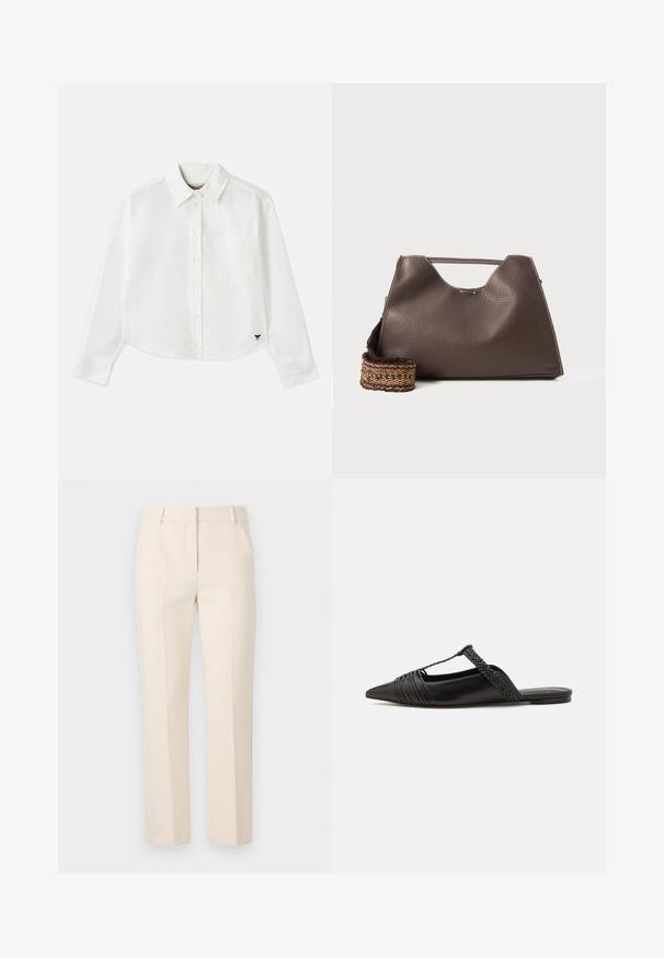 Valge lühikesed varrukad puuvillane särk. Omab nööbiga esist, rinna taskut ning väikest musta logo all vasakul.; Beezid ülikondpüksid sirge sääre disainiga, kaks eesmist voldikut ja lame vöökoht. Valmistatud siledast kangast. Ilma nähtavate taskuteta.; Must kuulsad nahast kandadega kingad, millel on terav nina, koos kootud detaili ja volditud ülaosaga. Lame tald minimaalse riistvaraga.; Pruun nahkne käekott tekstureeritud viimistlusega, nurkadega disain ja silmapaistev ülemine sang. Omab mustriga kootud rihma detaili.