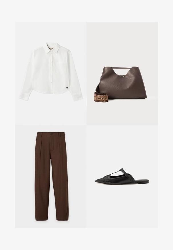 Baltas trumpas ilgos rankovės marškinėliai, pagaminti iš medvilnės. Turintys sagų priekį, krūtinės kišenę ir mažą juodą logotipą apačioje kairėje pusėje.; Rudi pleišeti kelnaičiai su tiesiomis kojomis, turintys priekį mygtukų uždarymą ir tekstūruotą audinį, tinkantys oficialioms progoms.; Juodos odinės slingback bateliai su smailiu pirštu, turintys audinį akcentą ir raukšlėtą viršutinį dizainą. Lygus padas su minimaliais aksesuarais.; Ruda odinė rankinė su tekstūruotu paviršiumi, kampuota forma ir išskirtiniu viršutiniu rankena. Yra raštuota pintinė diržo detalė.