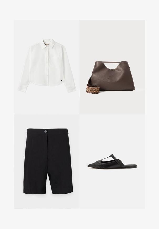 Balta, īsa garuma piedurkņu krekls, kas izgatavots no kokvilnas. Tam ir pogājama priekšpuse, krūšu kabata un mazs melns logo apakšējā kreisajā stūrī.; Melnas šortus, izgatavotus no viegla auduma, ar piegriezumu, kas izceļas ar pogu slēgšanu priekšā, plakanu jostasvietu un taisnas kājas.; Melnas ādas slingback kurpes ar norādītu purngali, kurām ir austoša akcenta un krokota augšdaļa. Plakana zole ar minimālu aparatūru.; Brūna ādas rokassoma ar strukturētu apdari, leņķīgu dizainu un izteiksmīgu augšējo rokturi. Iespējamā rakstaina austā siksna.