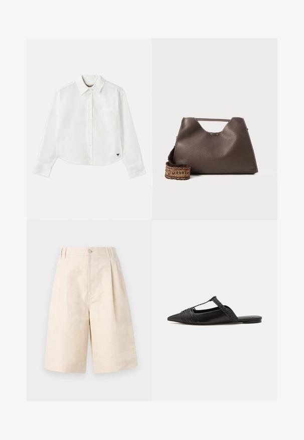 Fehér, rövidített hosszú ujjú, pamut ing. Gombos elülső résszel, mellzsebbel és egy kis fekete logóval a bal alsó részen.; Beige lenvászon rövidnadrág laza fitben, gombos zárással, plisszírozott kialakítással és térdig érő hosszúsággal. Sima textúra és egyszerű stílus.; Fekete bőr slingback cipő hegyes orral, szőtt díszítéssel és redőzött felső dizájnnal. Lapos talp minimális hardverrel.; Barna bőr kézi táska texturált felülettel, szögletes dizájnnal és jellegzetes felső fogantyúval. Mintás szőtt vállpánttal rendelkezik.