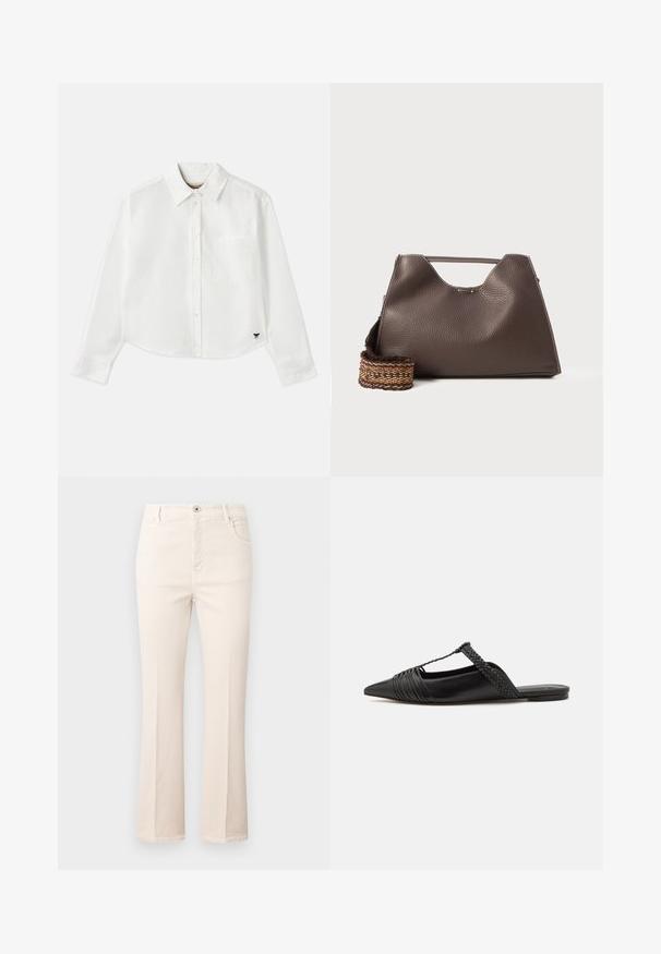 Witte, cropped, langemouwen shirt van katoen. Heeft een knoopsluiting aan de voorkant, een borstzak en een klein zwart logo op de linksonder.; Beige flared jeans van katoen, met een hoge taille, vijf zakken, een knoopsluiting en subtiele stikseldetails.; Zwarte leren slingback schoen met een puntige neus, voorzien van een gevlochten accent en geplooid ontwerp aan de bovenkant. Platte zool met minimale hardware.; Bruine leren handtas met een gestructureerde afwerking, hoekig ontwerp en een kenmerkende bovenhandgreep. Beschikt over een gestreepte geweven riemdetail.