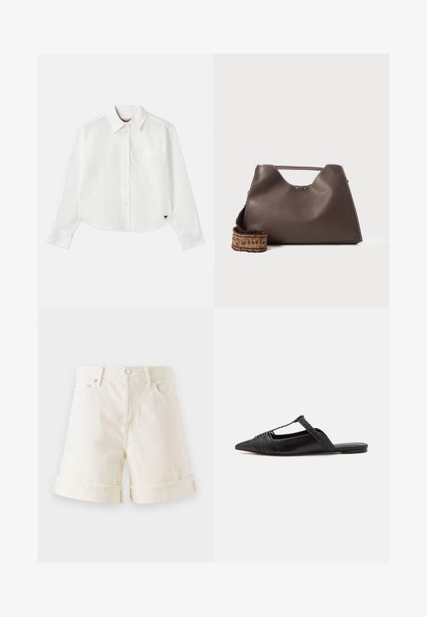 Witte, cropped, langemouwen shirt van katoen. Heeft een knoopsluiting aan de voorkant, een borstzak en een klein zwart logo op de linksonder.; Lichtgekleurde denim shorts met een rechte snit, opgerolde mouwen en een klassiek vijf-pocket ontwerp. Met zilveren metalen hardware.; Zwarte leren slingback schoen met een puntige neus, voorzien van een gevlochten accent en geplooid ontwerp aan de bovenkant. Platte zool met minimale hardware.; Bruine leren handtas met een gestructureerde afwerking, hoekig ontwerp en een kenmerkende bovenhandgreep. Beschikt over een gestreepte geweven riemdetail.