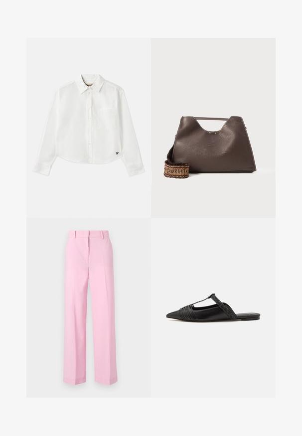 Bela skrajšana srajca z dolgimi rokavi iz bombaža. Ima sprednje gumbke, žep na prsih in majhen črn logo na spodnjem levem delu.; Svetlo rožnate, široke hlače z gladko teksturo, ki imajo standardni pas in ostra pregibanja spredaj za strukturo.; Črne usnjene sandale s priponko, koničastim nosom in tkano dekoracijo ter gubanjem na zgornjem delu. Ravna podplata z minimalno opremo.; Rjava usnjena torba z teksturirano površino, angularno obliko in značilno zgornjo ročico. Vsebuje detajl z vzorčnim tkanim trakom.