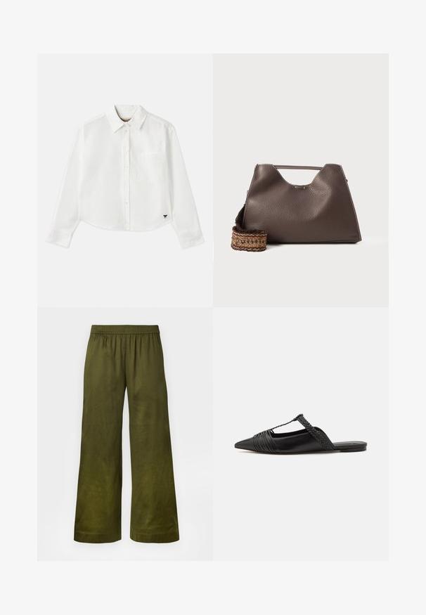 Valge lühikesed varrukad puuvillane särk. Omab nööbiga esist, rinna taskut ning väikest musta logo all vasakul.; Laialdase säärega püksid oliivirohelistest kangast, millel on elastne vöökoht ja sile tekstuur. Ei ole nähtavaid mustreid ega aktsente.; Must kuulsad nahast kandadega kingad, millel on terav nina, koos kootud detaili ja volditud ülaosaga. Lame tald minimaalse riistvaraga.; Pruun nahkne käekott tekstureeritud viimistlusega, nurkadega disain ja silmapaistev ülemine sang. Omab mustriga kootud rihma detaili.