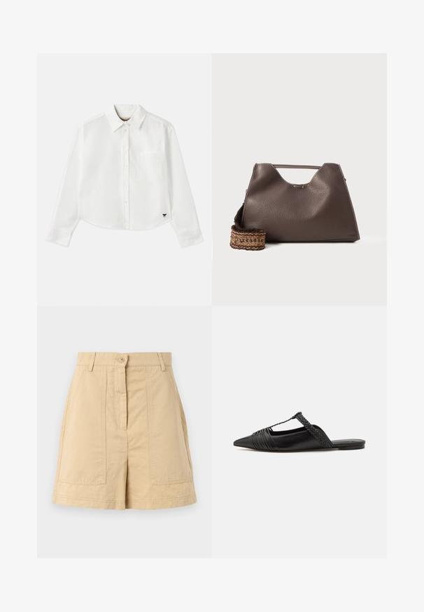 Chemise blanche à manches longues raccourcie en coton. Elle présente un devant à boutons, une poche sur la poitrine et un petit logo noir en bas à gauche.; Shorts en coton beige à taille haute, avec fermeture à bouton sur le devant, passants de ceinture et deux poches plaquées à l'avant. Texture lisse et design ajusté.; Chaussure en cuir noir à talon ouvert avec un bout pointu, présentant un accent tressé et un design supérieur plissé. Semelle plate avec un matériel minimal.; Sac à main en cuir marron avec une finition texturée, un design angulaire et une poignée supérieure distinctive. Présente un détail de sangle tissée à motif.