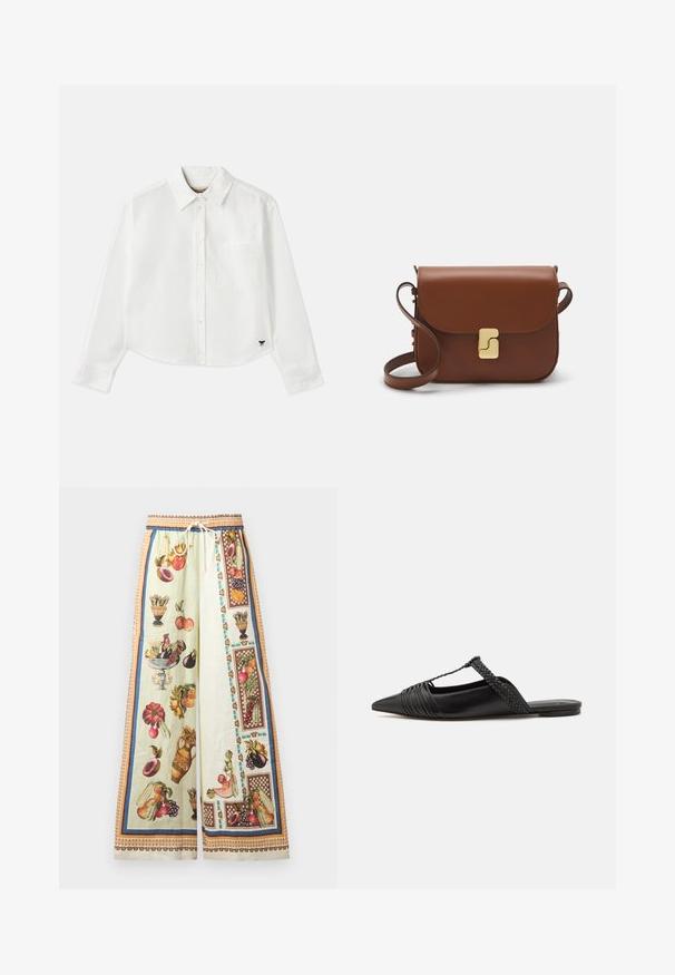 Fehér, rövidített hosszú ujjú, pamut ing. Gombos elülső résszel, mellzsebbel és egy kis fekete logóval a bal alsó részen.; Könnyű anyagból készült bő szárú nadrág pasztell zöld alapra színes gyümölcsöket és vázaillusztrációkat tartalmaz. Rugalmas derék, húzózsinórral.; Fekete bőr slingback cipő hegyes orral, szőtt díszítéssel és redőzött felső dizájnnal. Lapos talp minimális hardverrel.; Barna bőr kézitáska, hajtókás zárással, arany színű fém kiegészítőkkel, vállpánttal és sima felülettel. Kompakt téglalap alakú.