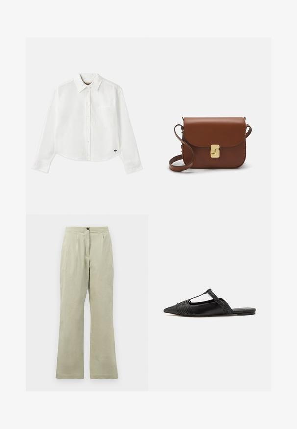 Bijela skraćena košulja dugih rukava napravljena od pamuka. Ima gumb za zatvaranje sprijeda, džep na prsima i mali crni logotip na donjem lijevom dijelu.; Svijetlozelene hlače širokih nogavica izrađene od mekog materijala, s prednjim kopčanjem na dugme, nabranim detaljima i čistim rubom.; Crne kožne cipele s remenom oko pete i šiljastim vrhom, s pletenim naglaskom i nabranim gornjim dijelom. Ravni đon s minimalnim hardverom.; Smeđa kožna torba s preklopom, zlatnim detaljima, remenom za nošenje preko ramena i glatkom teksturom. Kompaktni pravokutni oblik.