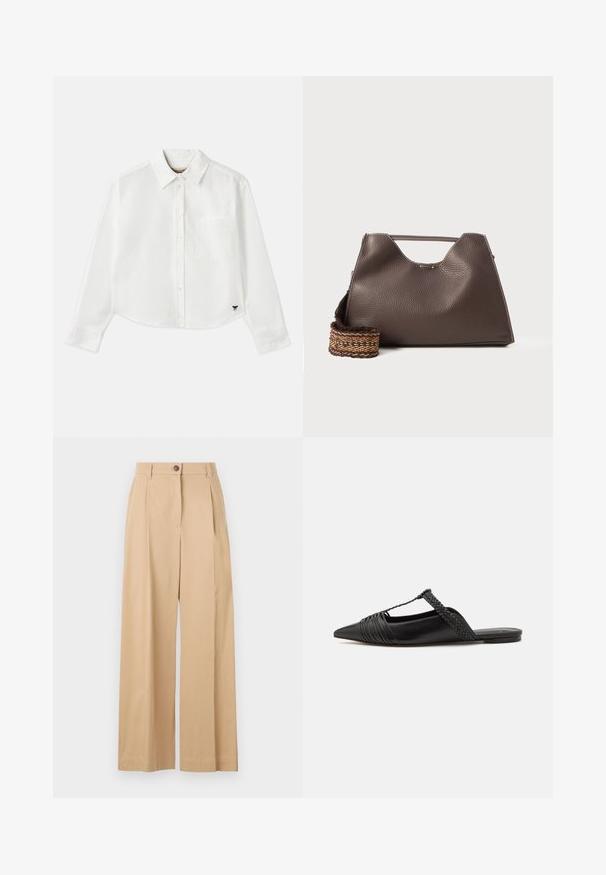 Weißes, kurzes Langarmhemd aus Baumwolle. Verfügt über eine durchgehende Knopfleiste, eine Brusttasche und ein kleines schwarzes Logo unten links.; Beige weite Hosen aus einem glatten Stoff, mit einem Knopfverschluss vorne, Falten und einem taillierten Design.; Schwarzer Leder-Slingback-Schuh mit spitzem Zehenbereich, ausgestattet mit einem geflochtenen Akzent und einem gefalteten Oberdesign. Flache Sohle mit minimalem Zubehör.; Braune Lederhandtasche mit strukturiertem Finish, kantigem Design und einem markanten oberen Griff. Verfügt über ein gemustertes, geflochtenes Riemendetail.