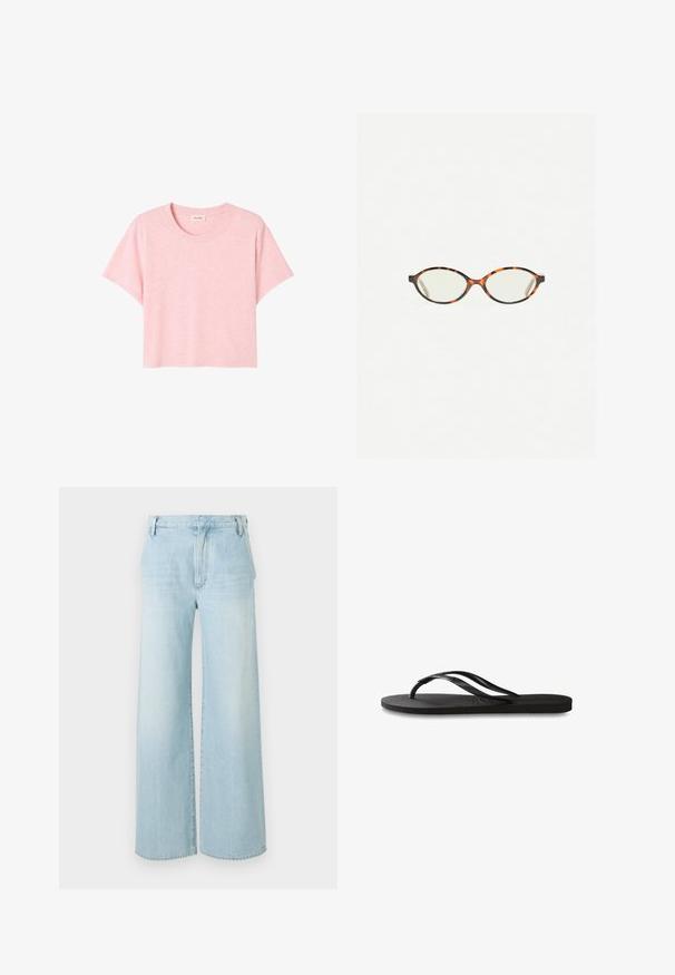 Rosa T-Shirt mit kurzen Ärmeln, aus weichem Stoff gefertigt, mit Rundhalsausschnitt und lockerer Passform sowie einer dezenten melierten Textur.; Helle blaue weite Jeans aus Denim. Merkmale sind eine hohe Taille, ein Fünf-Taschen-Design und dezentes Ausbleichen mit einem sauberen Saum.; Schwarze Flip-Flops mit einer strukturierten Gummisohle, zwei schlanken Riemen und einem dezenten, geprägten Logo-Detail auf dem Riemen.; Schildpatt-Eyegläser mit ovalen Gläsern und einer eleganten, glatten Oberfläche. Mit dünnen Seiten und einer subtilen Kurve an den Schläfen. Klare Gläser.