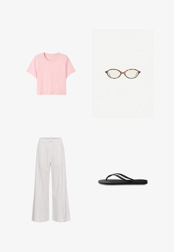 Růžové tričko s krátkým rukávem vyrobené z jemné tkaniny, s kulatým výstřihem a volným střihem, doplněné o jemnou melírovanou texturu.; Široké kalhoty z měkké bílé tkaniny, s elastickým pasem a stahovací šňůrkou, hladkou texturou a bez dalších ozdob.; Černé žabky s texturovanou gumovou podrážkou, dvěma štíhlými popruhy a jemným, embosovaným logem na popruhu.; Želvovinové brýle s oválnými čočkami a hladkým, jemným povrchem. Má tenké bočnice s jemným zakřivením v chrámcích. Čiré čočky.