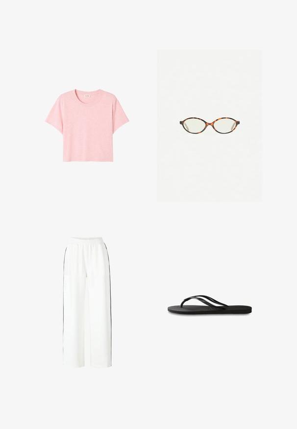 T-shirt rosa a maniche corte realizzato in tessuto morbido, caratterizzato da un collo rotondo e una vestibilità ampia con una delicata trama mélange.; Pantaloni bianchi a gamba larga con vita elasticizzata e strisce nere sui lati. Tessuto morbido con una vestibilità rilassata lungo le gambe.; Infradito neri con suola in gomma testurizzata, due cinghie sottili e un sottile dettaglio del logo impresso sulla cinghia.; Occhiali in tartaruga con lenti ovali e una finitura liscia e elegante. Presentano aste sottili con una leggera curva alle tempie. Lenti trasparenti.