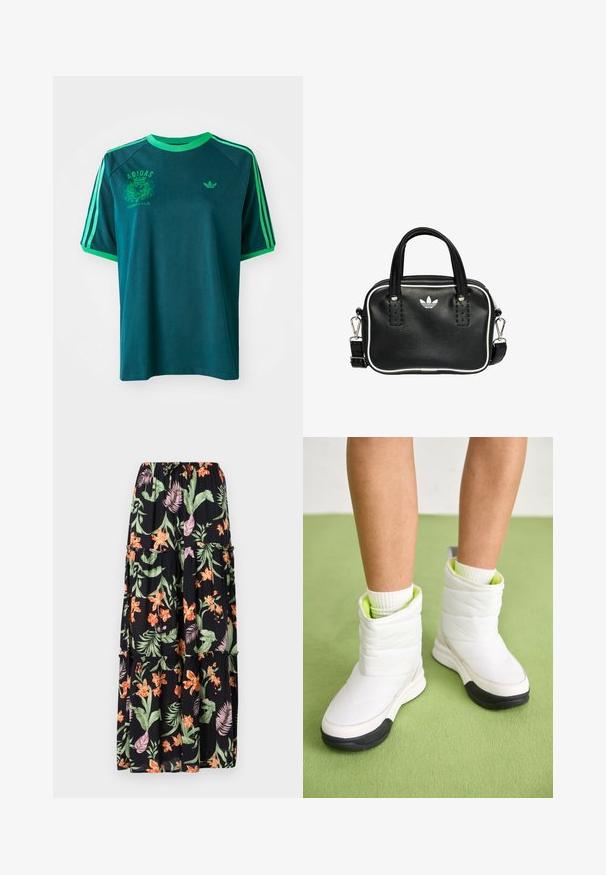Teallin puuvillane T-särk roheliste aktsentidega, millel on ümar kaelus, raglanvarrukad ja trükitud Adidas'i logo rinnal ja varrukal.; Mustikka kukkaverho, jossa on oransseja ja vaaleanpunaisia kukkia, vihreitä lehtiä, joustava vyötärö ja kerroksellinen muotoilu. Kevyt kangas, jolla on valuva rakenne.; Valkoiset pehmeät nilkkasaappaat, joissa on teksturoitu pinta, neonvihreä vuoraus ja musta kumipohja.; Musta nahkainen käsilaukku, jossa on kaksi lyhyttä kahvaa, hopeiset yksityiskohdat, valkoiset tehosteet ja valkoinen logo. Sisältää teksturoidun pinnan ja kompaktin muotoilun.