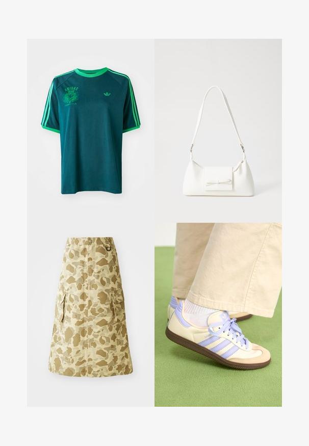 Törökzöld pamut póló zöld részletekkel, kerek nyakkal, raglán ujjal, valamint nyomtatott Adidas logóval a mellrészen és az ujjon.; Khaki szoknya, álcázott mintával, sima anyagból készült, rugalmas derékkal és két oldalsó zsebbel.; Krém és levendula színű sportcipők három csíkkal és texturált barna talppal, fűzőkkel és párnázott sarokkal. Puha anyagú felsőrész.; Fehér szintetikus kézitáska, háromszög alakú, lapos előlap, masni részlettel, állítható pánttal, sima textúrával és minimalista dizájnnal.