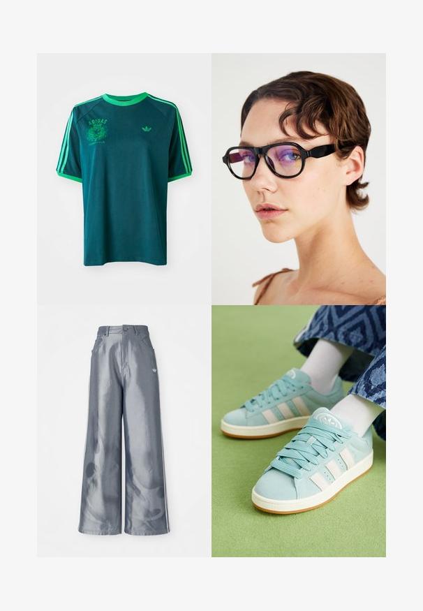 Türkiisi puuvillane t-särk roheliste aktsentidega, laeva kaelusega, raglansleeved, ja prinditud Adidas logo rinnal ja varrukal.; Laiad püksid läikivast hallist materjalist, valgete külgtriipudega ja põlevate mustritega alumistes jalgades. Nööp ja lukku kinnitamine vööl.; Heledad sinised jooksujalatsid, millel on seemisnaha viimistlus, kolme valge triibuga, sobivate paeltega ja kummist tallaga. Aktsentideks on logo keele peal.; Mustad mustad prillid lillatooniliste läätsedega, paksu raamiga ja siledate külgede ning modernse disainiga.