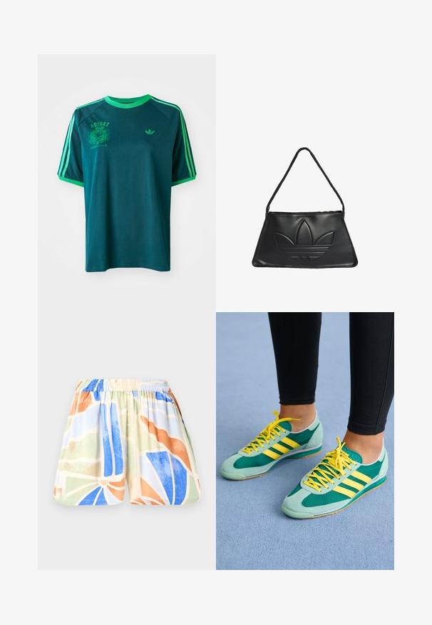 T-shirt in cotone teal con accenti verdi, caratterizzato da un collo a giro, maniche raglan e logo Adidas stampato sul petto e sulla manica.; Shorts realizzati in tessuto leggero con vita elastica. Presentano un motivo geometrico multicolore in blu, arancione, verde e beige.; Scarpe da ginnastica verde e verde acqua con lacci gialli e tre strisce gialle. Materiali in camoscio e rete, suole in gomma e design a profilo basso.; Borsa a tracolla in pelle nera con forma trapezoidale, caratterizzata da un design del logo Adidas in rilievo e una sottile tracolla. Chiusura a zip sulla parte superiore.