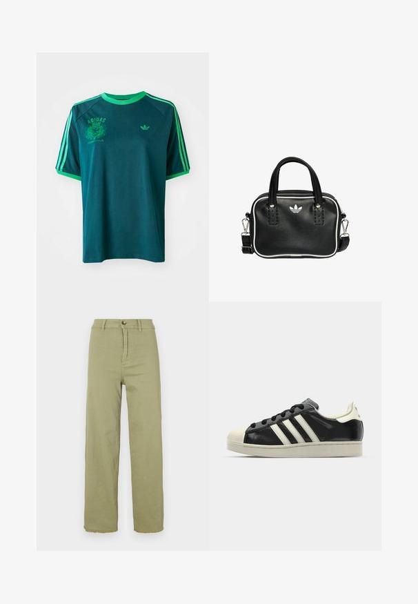 Teallin puuvillane T-särk roheliste aktsentidega, millel on ümar kaelus, raglanvarrukad ja trükitud Adidas'i logo rinnal ja varrukal.; Vihreät korkeavyötäröiset housut suoralla jalalla. Varustettu nappikiinnityksellä ja risat helmalla. Valmistettu puuvillakankaasta, joka on sileä rakenne.; Musta nahkasneakeri, jossa on valkoiset raidat, kuminen varvassuoja, mustat nauhat ja kermaisa ulkopohja. Suora pinta ja kiiltävä viimeistely.; Musta nahkainen käsilaukku, jossa on kaksi lyhyttä kahvaa, hopeiset yksityiskohdat, valkoiset tehosteet ja valkoinen logo. Sisältää teksturoidun pinnan ja kompaktin muotoilun.