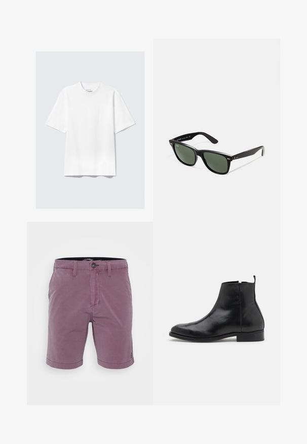 Litte valkoiset lyhythihainen rento T-paita asetettuna tasaiseksi vaaleanharmaata taustaa vasten.; Miestne mauve kraťasy po kolená s gombíkovým zapínaním, pútkami na opasok a prednými vreckami, vystavené na bielom pozadí.; Zign LEATHER - Klassiset nilkkurit - black; Mustat muoviset aurinkolasit, joissa on vihreät linssit, neliönmuotoiset kehykset, hopeinen yksityiskohta kulmakarvojen kohdalla sekä tekstuuriset temppeleiden varret. Brändi ilmoitettu sisävarsissa.