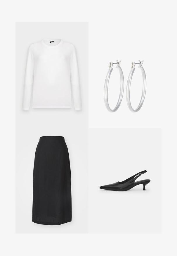 Hedvábně bílá dlouhá rukávová tričko s kulatým výstřihem leží ploché s viditelnými štítky límce na světlém šedém pozadí.; Černá midi sukně z lnu s vysokým pasem, hladkou texturou, rovnými liniemi a lemem, který končí pod kolenem. Žádné viditelné švy ani vzory.; Černá kožená nazouvací bota se špičatou špičkou a štíhlým zakřiveným podpatkem. Obsahuje diskrétní nastavitelný pásek s kovovou sponou.; Stříbrné kruhové náušnice s hladkým, lesklým povrchem. Kulatý tvar a bezpečné zapínání na klip. Lehký design vhodný pro každodenní nošení.