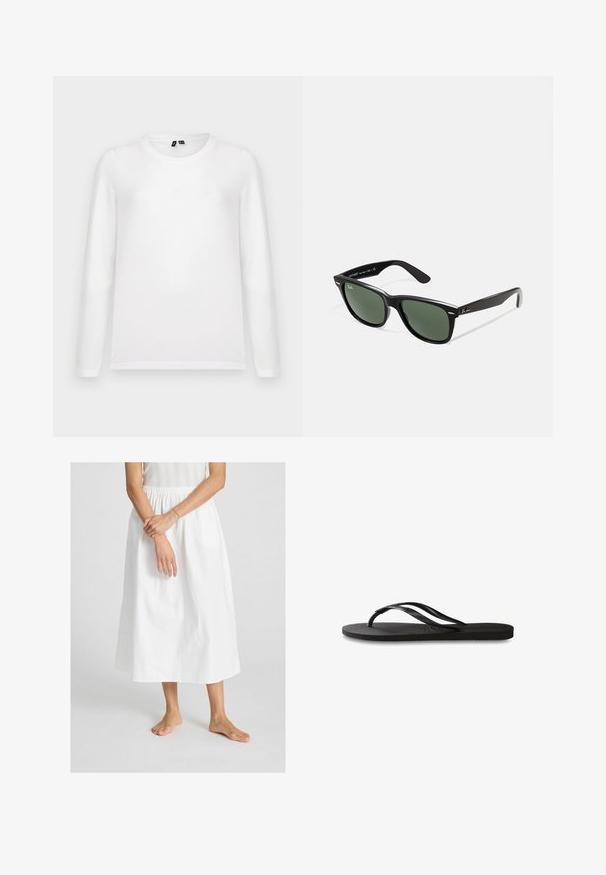 Cămașă albă simplă cu mânecă lungă și guler rotund, așezată pe orizontală, cu etichetele vizibile pe fundal gri deschis.; Fustă albă, până la gleznă, din bumbac, cu un corset elastic. Textură netedă, cu un design simplu și fluid.; Încălțăminte tip flip-flop neagră cu o talpă din cauciuc texturat, două bretele subțiri și un detaliu discret, embosat cu logo pe bretea.; Ochelari de soare din plastic negru cu lentile verzi, rame pătrate, accent argintiu pe sprânceană și brațe texturate. Marca este menționată pe brațul interior.