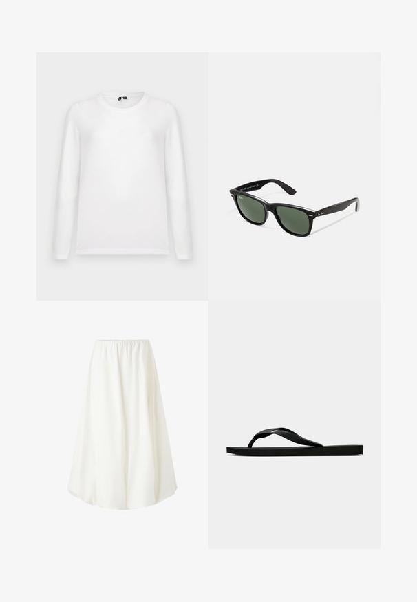 Plain white long-sleeve crew neck shirt laid flat with visible collar tags against a light gray background.; White, knee-length skirt with an elastic waistband, featuring a flowy design and lightweight fabric that drapes softly. No visible patterns.; Black rubber flip-flop sandal with a textured thong strap and simple flat sole, shown from side on a plain light background.; Black plastic sunglasses with green lenses, square frames, silver accent on the brow, and textured temple arms. Stated brand on inner arm.; Silver chain necklace featuring a central, octagonal, dark brown tiger's eye stone with a smooth texture. The stone is slightly glossy.