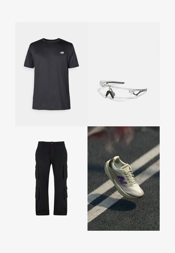 New Balance Bluză sport - black; Pantaloni cargo negri din țesătură de bumbac, cu mai multe buzunare laterale, croială lejeră și design pe picior drept.; Pantofii de sport de culoare crem deschis, cu un logo violet. Prezintă un material texturat pentru partea superioară, șireturi și o talpă cu amortizare. Design elegant cu un călcâi pronunțat.; Ochelari de protecție clari, cu o ramă ușoară și transparentă, având accente gri. Prezintă un design în jurul feței și un suport pentru nas ajustabil.