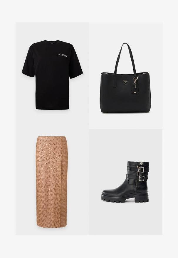 Zwarte katoenen T-shirt met een ronde hals, korte mouwen en een klein wit "ALLSAINTS" logo op de linkerborst. Glad textuur, relaxte pasvorm.; Beaded midi-rok in lichtbeige met een paillettenontwerp, voorzien van een rechte silhouette en een zijsplit voor detail en beweging.; Zwarte leren enkellaarzen met dubbele gespaccenten, ritssluiting, chunky zool en een gladde textuur. Heeft een robuust en stylish ontwerp.; Zwarte tote bag van gestructureerd synthetisch materiaal, met twee handvatten, een gouden logo plaatje en een klein label met accentdetail.