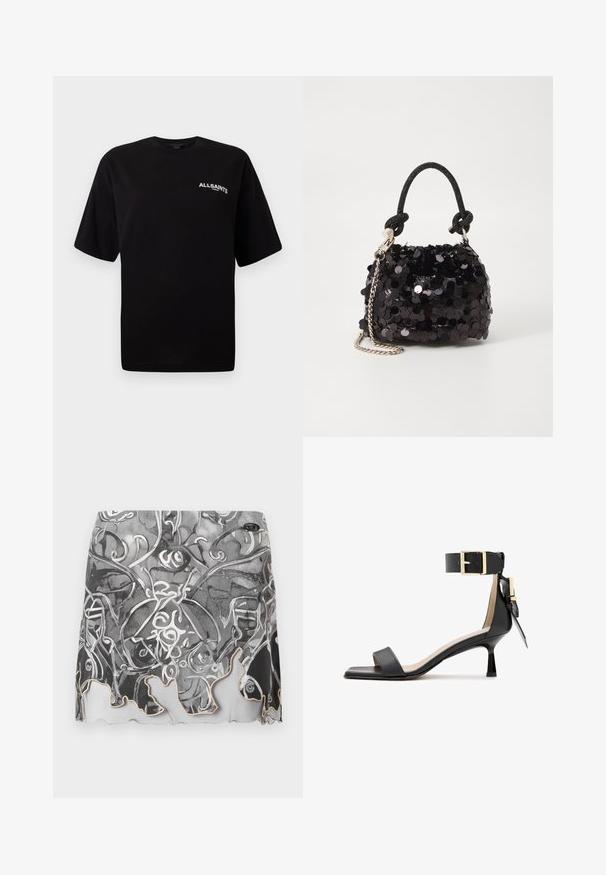 Melna kokvilnas T-kreklu ar apaļu izgriezumu, īsām piedurknēm un mazu baltu "ALLSAINTS" logotipu uz kreisā krūts. Gluda tekstūra, brīvs piegriezums.; Melnā un baltā krāsā rakstota mini svārku ar abstraktiem dizainiem, viļņotu malu un gludu auduma textūru ar delikātu spīdumu.; Melnas ādas kurpes ar papēdi, ar kvadrātveida purngalu, potītes siksna ar zelta sprādzi un šauru papēdi. Gluda tekstūra, minimālisma dizains.; Melna spīguļota mini rokas soma ar mezglotu teksturētu siksniņu un sudraba ķēdi. Apaļa forma ar sakopotām malām un atstarojumu detaļām.