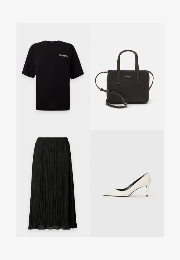 Melna kokvilnas T-kreklu ar apaļu izgriezumu, īsām piedurknēm un mazu baltu "ALLSAINTS" logotipu uz kreisā krūts. Gluda tekstūra, brīvs piegriezums.; Melnā plīvēta midi svārku, ar elastīgu jostasvietu, ar teksturētu virsmu un vieglu, plūstošu audumu.; Balti lakota āda augstpapēžu kurpes ar norādītu purngalu, šauru papēdi un melnu iekšējo apdari. Gluda tekstūra un eleganta forma.; Melns roku soma ar divām īsām rokturiem un noņemamu plecu siksnu. Gluda ādas līdzīga materiāla ar rāvējslēdzēja aizdari un logos detaļu.