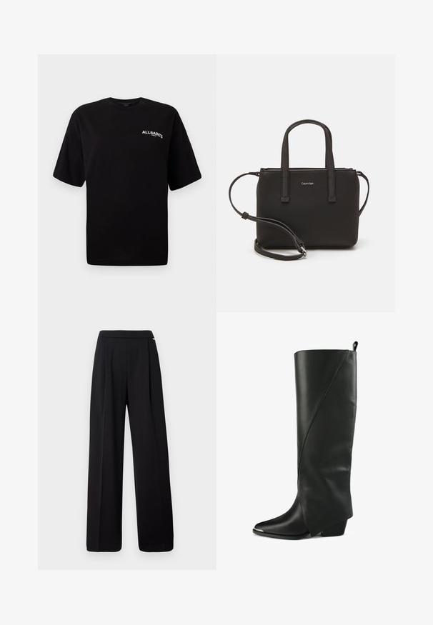 Sort bomuld t-shirt med rund halsudskæring, korte ærmer og et lille hvidt "ALLSAINTS" logo på venstre bryst. Glat tekstur, afslappet pasform.; Sorte brede bukser lavet af et glat stof, med et enkelt design og elastisk talje, uden synlige mønstre eller detaljer.; Sorte læderknæhøje støvler med spids tå, vinkelret design, buet sømdetalje og en lav blokhælhøjde.; Sort håndtaske med to korte håndtag og en aftagelig skulderrem. Glat læderagtigt materiale med lynlåslukning og logo detaljer.