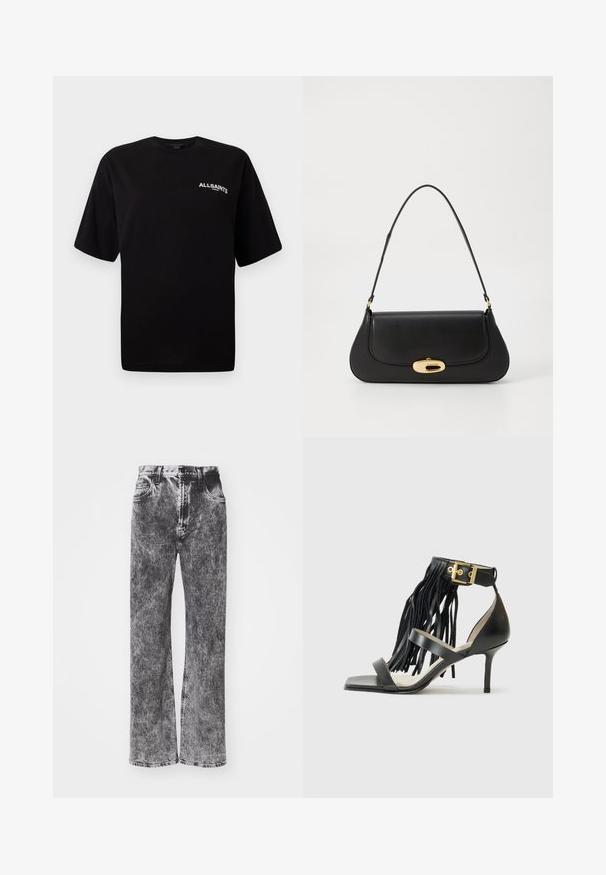 Svart bomull t-skjorte med rund hals, korte ermer og en liten hvit "ALLSAINTS" logo på venstre bryst. Glatt tekstur, avslappet passform.; Høyt liv, vid ben jeans i en svart og grå falmet vask, med fem lommer og kontrasterende søm langs kanten.; Svart høyhælte sandal med frynse detaljer, ankelrem med gullfarge hardware, flat firkantet tå, og to krysse remmer over foten.; Svart lærveske med en buet design, gullfarget hardware og et håndtak på toppen. Har en elegant lukking og glatt tekstur.