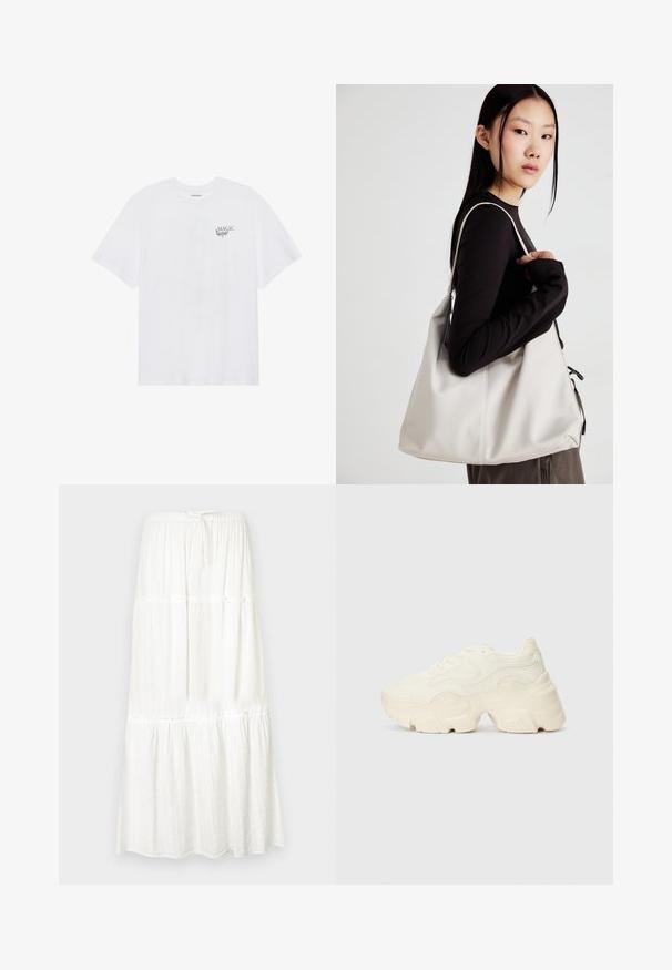Even&Odd T-shirt imprimé - white; Jupe maxi blanche avec un design à étages, taille élastique et cordon de serrage. Fabriquée en tissu léger avec une finition texturée.; Baskets blanches chunky en maille texturée et matériaux synthétiques, avec une semelle épaisse et des détails en motif complexes sur les côtés.; Sac à main beige en matériau souple, avec un design décontracté, des détails cousus et deux poignées. Idéal pour un usage quotidien.