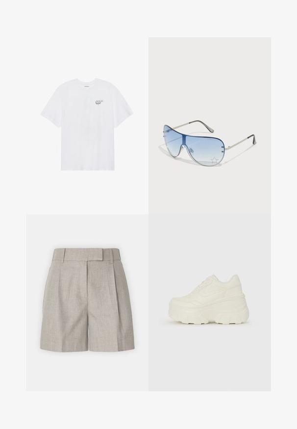 Even&Odd T-shirt con stampa - white; Pantaloni corti grigio chiaro con una vita strutturata, pieghe e una vestibilità rilassata, realizzati in una morbida tessitura di lino. Design semplice e versatile.; Sneakers bianchi con piattaforma, caratterizzati da una parte superiore simile alla pelle liscia, forma arrotondata, collo imbottito e suola in gomma testurizzata con scanalature ben definite.; Occhiali da sole aviator con lenti blu sfumate, montatura in metallo argentato e decorazioni a forma di stella sulle lenti. Design liscio e sofisticato.