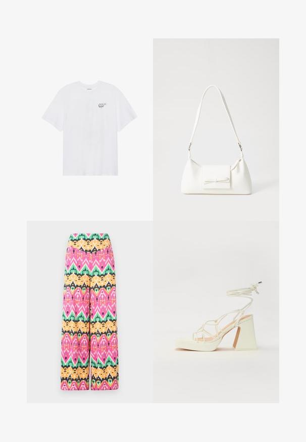 Even&Odd T-shirt estampada - white; Calças largas multicoloridas com um padrão geométrico em rosa, verde, laranja e preto. Feitas de um tecido leve com um acabamento suave.; Sandálias brancas de salto alto com um salto robusto, apresentando um design com tiras e amarração no tornozelo. Textura suave com uma plataforma na frente para altura adicional.; Mala sintética branca com formato triangular, aba frontal plana e detalhe de laço, alça ajustável, textura suave e design minimalista.