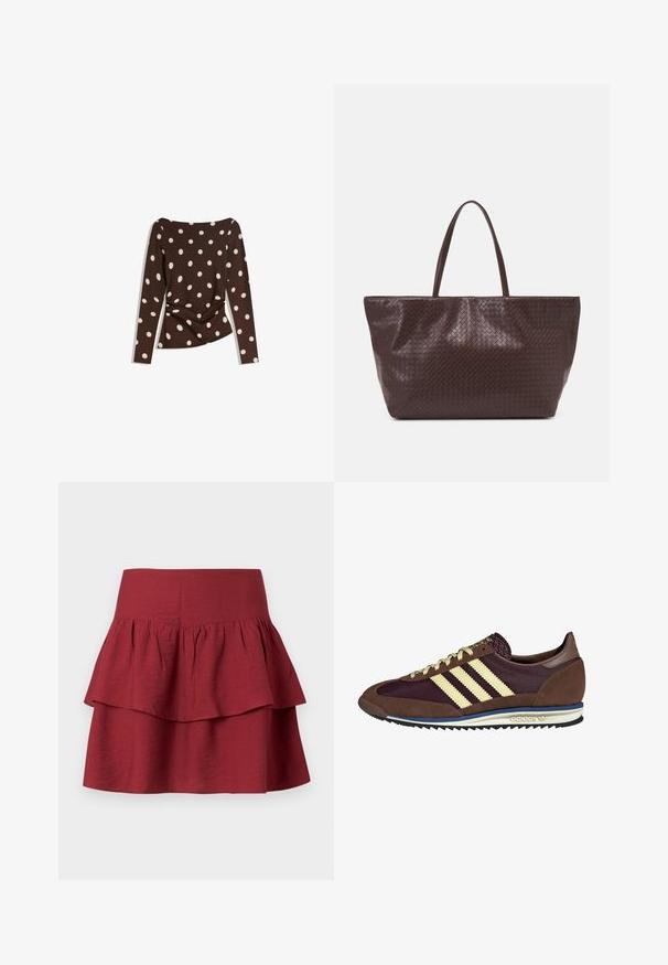 Bruine top met lange mouwen en een ronde halslijn, voorzien van grote witte stippen en een gesmokt detail bij de taille voor een aangesloten look.; Gelaagde rok in diep bordeauxrood, met een brede tailleband, gestructureerde ruffles op de lagen en een zachte, textuurstof.; Bruine en bordeauxkleurige sneaker van suede en mesh materiaal, met drie crèmekleurige strepen, een gemêleerd stof op de tong en een rubberen zool.; Bruine gevlochten leren tote bag met twee handvatten, een gestructureerde vorm en een getextureerd oppervlak, met een diamantpatroon overal.