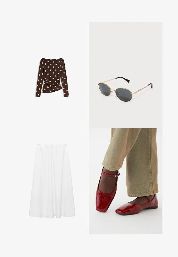 Haut marron à manches longues avec un décolleté en scoop, arborant de grands pois blancs et un détail froncé à la taille pour un look ajusté.; Jupe midi blanche en tissu léger, dotée d'une taille élastique, d'une texture lisse et d'une silhouette légèrement évasée avec un ourlet.; Chaussures en cuir verni rouge avec un bout carré, un petit talon et une sangle de cheville, associées à un jean large vert clair. Texture lisse, surface réfléchissante.; Lunettes de soleil ovales avec des verres sombres, une monture en métal doré et des côtés en or tressé. Les embouts noirs sur les branches renforcent le design.; Sac à tote en cuir tressé marron avec deux poignées, une forme structurée et une surface texturée, présentant un motif en losanges sur toute sa surface.