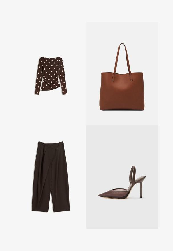 Brun långärmad topp med rundad halsringning, prydd med stora vita prickar och rynkdetalj vid midjan för en figursydd look.; Mörkbruna vida byxor med hög midja, med en enkel knappstängning och plisserad front. Tillverkade av lätt tyg.; Bruna slingback högklackade skor med spetsig tå och nätöverdrag. Har en tunn klack och en öppen sektion längs sidorna.; Brun läder tote-väska med en slät textur, öppen toppdesign och två axelremmar. Har minimal söm och ingen synlig metalldetalj.