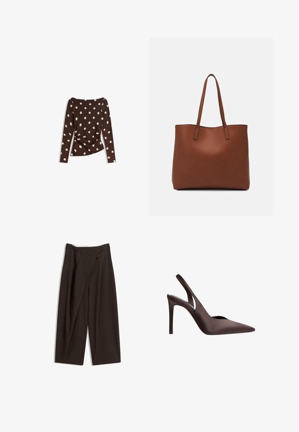 Smeđi dugi rukav majica s izrezom u obliku žlice, koja sadrži velike bijele točke i nabranu dekoraciju u struku za prilagođeni izgled.; Tamno smeđe široke hlače s visokim strukom, s jednim dugmadi na zakopčavanju i pregibom sprijeda. Izrađene od laganog materijala.; Smeđi satenski sandala s visokim potpeticama, s oštrim vrhom i izrezbarenom dizajnom. Ima tanku stileto potpeticu i glatku teksturu.; Smeđa kožna torba preko ramena s glatkom teksturom, otvorenim vrhom i dvjema naramenicama. Ima minimalne šavove i nema vidljivog hardvera.