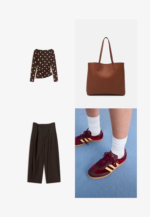 Top lung cu mâneci lungi, de culoare maro, cu un decolteu rotund, având buline mari albe și detalii pliate la talie pentru un aspect ajustat.; Pantaloni largi de culoare maron închis, cu talie înaltă, având închiere cu un singur nasture și un față pliată. Confectionați dintr-un material ușor.; Adidași din suede și piele în culoare măroneu, cu dungi galbene și talpă din cauciuc. Șosete albe cu striații vizibile deasupra gleznei, așezate pe o suprafață texturată albastră.; Geantă de umăr din piele maro cu o textură netedă, design cu vârf deschis și două curele pentru umăr. Prezintă cusături minime și fără componente metalice vizibile.